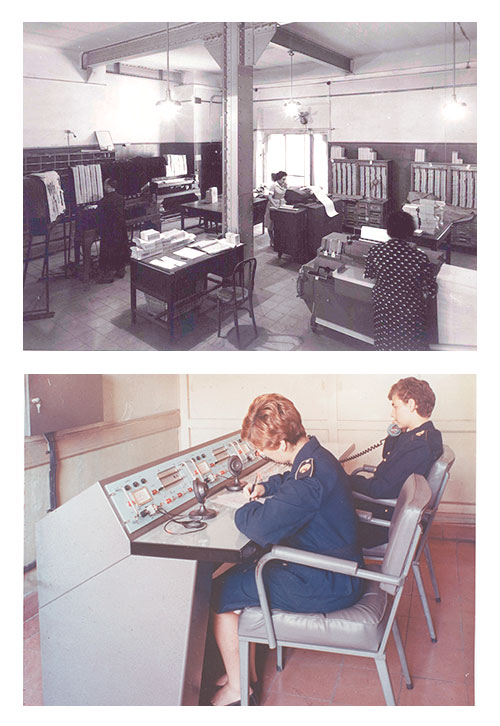 Mujeres trabajando. Giro Postal en el Palacio de Comunicaciones de Madrid en 1960 | Correos; Una mujer trabajando en Estación Radiotelegráfica Portuaria de Barcelona en 1968 | Correos