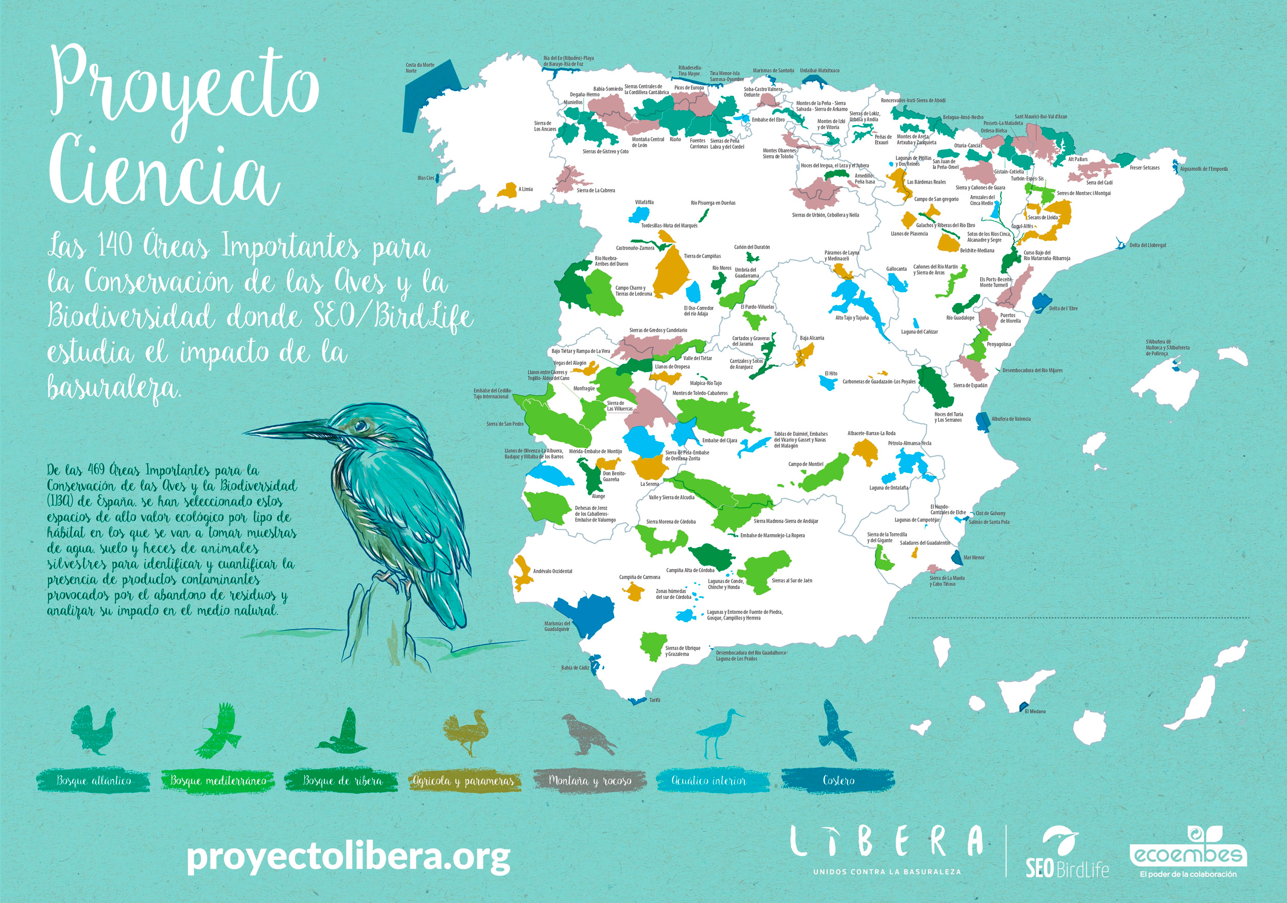 Mapa de las Áreas Importantes para la Conservación de las Aves y la Biodiversidad (IBA) donde SEO/Birdlife estudia el impacto de la basuraleza