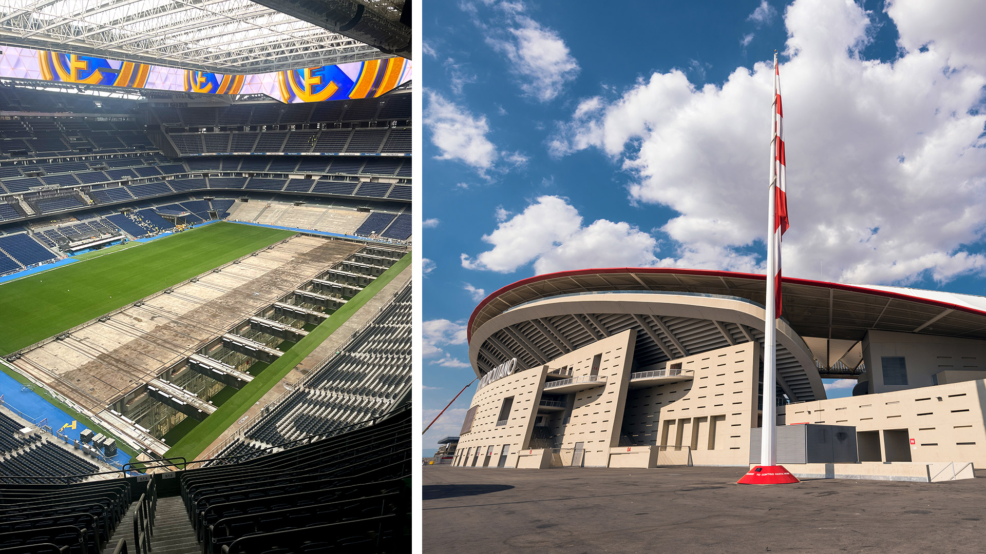 El Estadio Santiago Bernabéu (© FCC Construcción) y el  estadio Riyadh Air Metropolitano (© herraez | iStock)