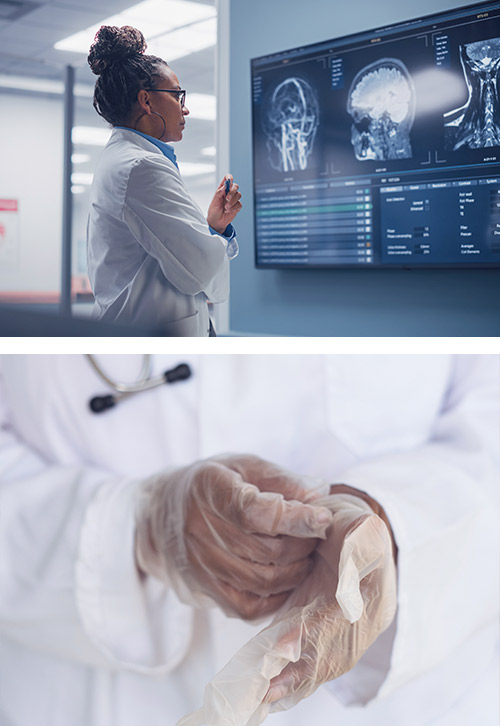 Una neuróloga viendo una resonancia (© gorodenkoff · iStock) | Un médico poniéndose los guantes (© RF._.studio · Pexels)
